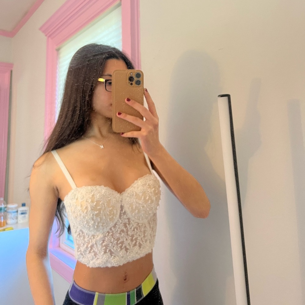 White pearl embroidered bustier